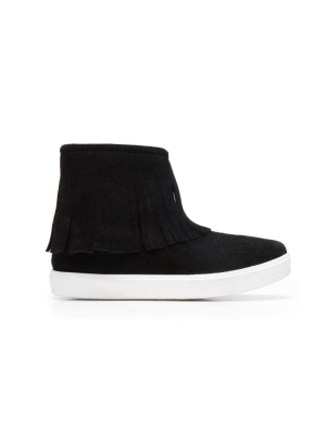 Girls' Black Suede Fringe Booties With White Soles