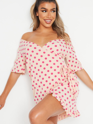 Pink Polka Dot Print Rib Wrap Frill Hem Tea Dress