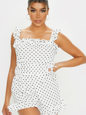 White Polka Dot Frill Detail Tie Waist Playsuit