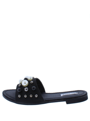 Omh5 Black Jeweled Pearl Open Toe Flat Slide Sandal