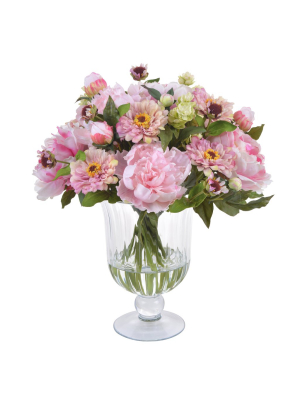 Zinnias & Peonies In Glass Vase