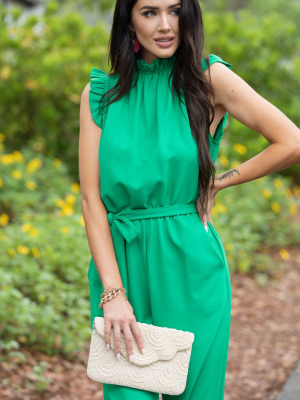 Put It To The Test Kelly Green Ruffle Jumpsuit