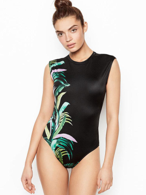 Palm Leaf Cutout Back High Neck Brazilian One Piece Swimsuit