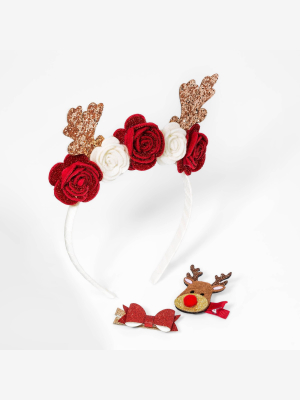 Toddler Girls' 3pk Reindeer Holiday And Clip Set - Cat & Jack™ White/red