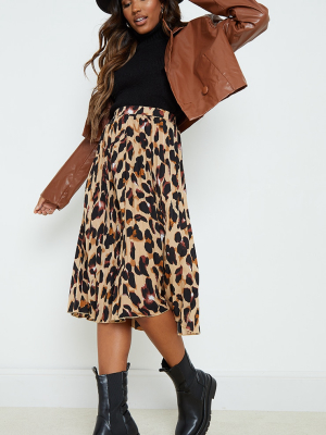 Tan Leopard Print Satin Pleated Midi Skirt