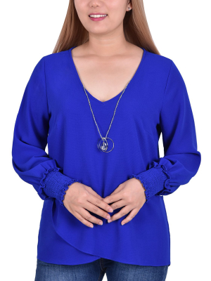 Ny Collection Long Sleeve Overlapping With Necklace Crepe Top - Petite