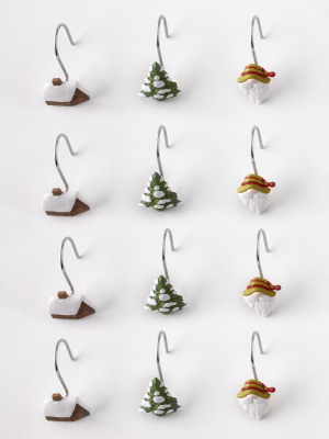 Lakeside Winter Gnome Shower Curtain Hooks - Set Of 12 - Holiday Bathroom Accent