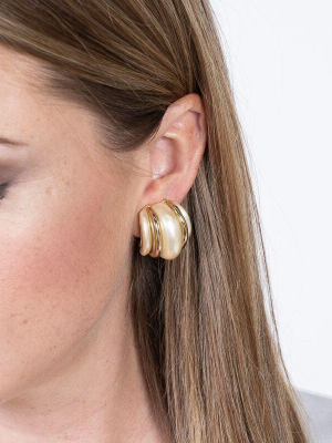 Gold Double Ribbed Pearl Domed Hoop Clip Earrings