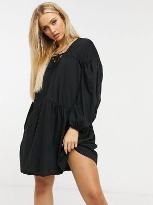 Asos Design Oversized Tiered Smock Dress In Black