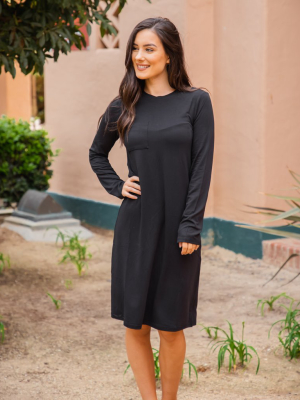 Long Sleeve Pocket Dress - Black