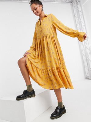 Monki Parly Recycled Midi Smock Dress In Yellow