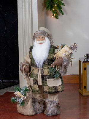 Northlight 24" Brown Standing Santa Claus In Plaid Suit With Gifts Christmas Figurine