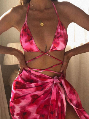 Sarong Decor Tie Dye Slide Triangle Brazilian Three Piece Bikini Swimsuit