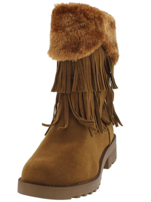 Daytona35 Tan Faux Fur Trim Fringe Boot