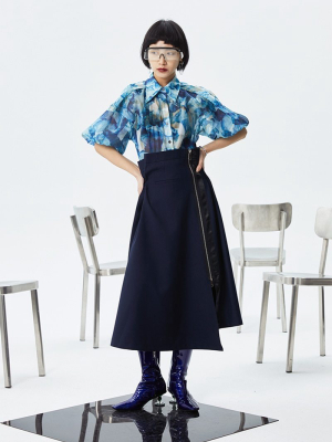 Kokone Pleated Asymmetrical Skirt - Navy Blue