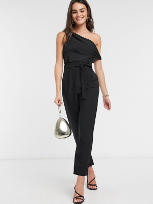 Asos Design Chiffon Top Fallen Shoulder Jumpsuit In Black