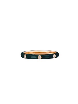 3 Diamond Hunter Green Enamel Stack Ring - Rose Gold