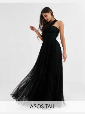 Asos Design Tall One Shoulder Tulle Wired Hem Maxi Dress In Black