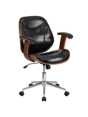 Mid Back Leather Executive Ergonomic Swivel Office Chair With Arms Black - Riverstone Furniture