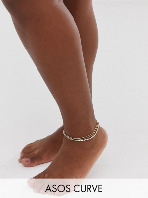 Asos Design Curve Pack Of 3 Anklets With Dot Dash And Disc In Gold Tone