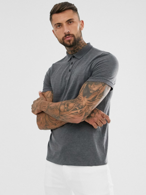 Asos Design Jersey Polo In Charcoal Marl