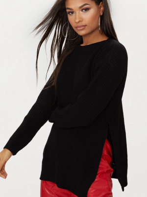 Rexx Black Round Neck Side Split Sweater