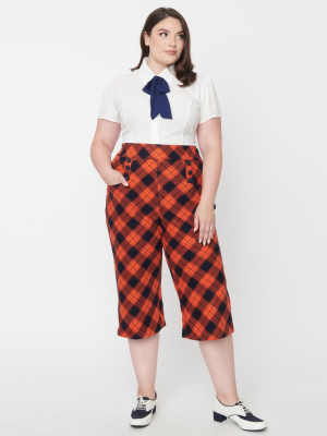 Unique Vintage Plus Size Orange & Dark Navy Plaid Ginger Culottes