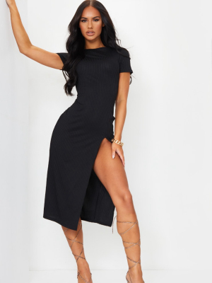 Black Ribbed Short Sleeve Split Midaxi Dress