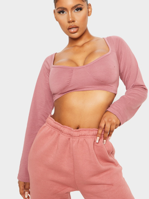 Dusty Pink Ruched Cup Detail Long Sleeve Crop Top