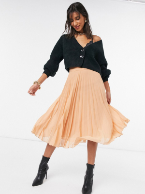 Asos Design Pleated Midi Skirt In Beige