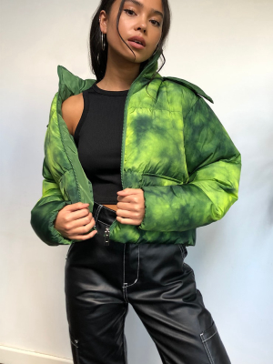 Green Tie Dye Nylon Hooded Puffer Jacket