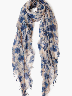 Indigo Blue French Floral Cashmere And Silk Scarf