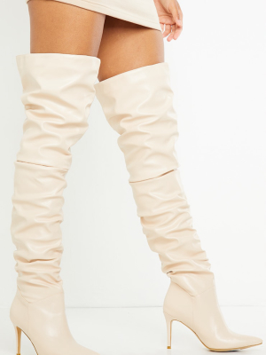 Cream Slouch Mid Heel Point Toe Thigh High Boot