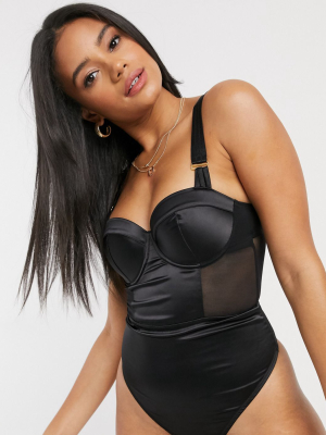 Asos Design Clover Satin And Mesh Cutout Bodysuit In Black