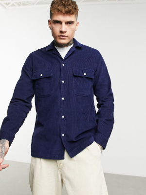 Asos Design Cord Overshirt With Camp Collar In Navy