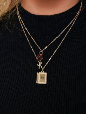 Rose & Book Pendant Necklace