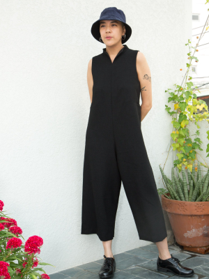 Lanh Sleeveless High Collar Slit Neck Onesie - Black Sesame