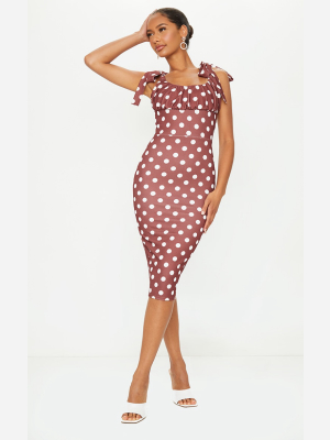 Chocolate Polka Dot Ruched Bust Tie Strap Midi...