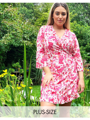 Outrageous Fortune Plus Ruffle Wrap Dress With Fluted Sleeve In Pink Floral Print