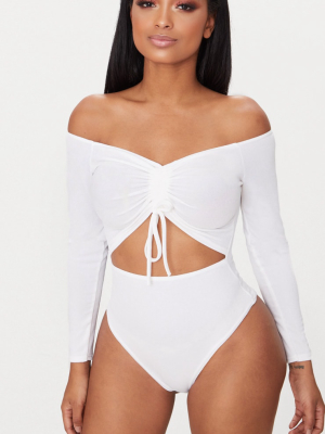 Shape White Ruched Detail Bardot Bodysuit