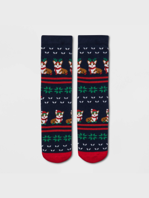 Women's Corgi Fair Isle Holiday Terry Lined Crew Socks With Grippers - Wondershop™ Navy 4-10