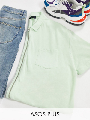 Asos Design Plus Relaxed Fit Zip Through Polo With Pocket In Pique In Pastel Green