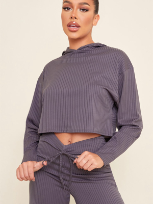 Grey Ribbed Cropped Hoodie