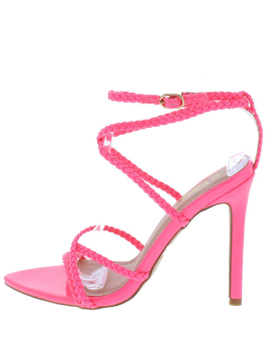 Charlotte1 Neon Pink Braided Strappy Open Toe Stiletto Heel