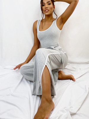 Grey Sports Stripe Wide Leg Split Hem Jumpsuit