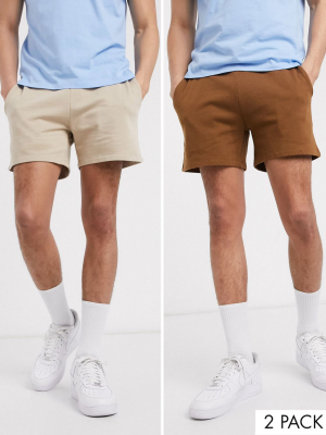 Asos Design 2 Pack Jersey Slim Shorts In Beige/brown