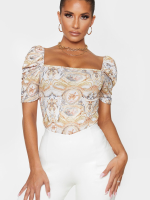 Beige Printed Square Neck Puff Short Sleeve...