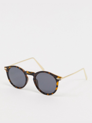 Asos Design Round Sunglasses With Metal Arms In Tort With Polarised Lens