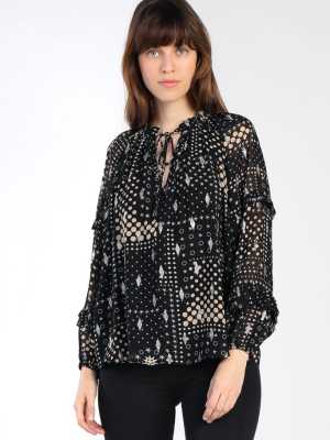 Metallic Print Pleated Blouse