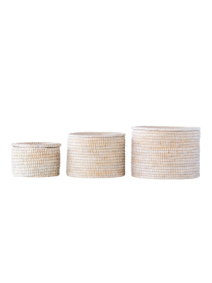 Set Of 3 Natural Woven Seagrass Baskets With Lid